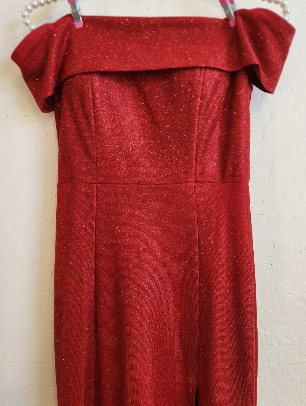 Off-Shoulder Red Glitter Evening Dress